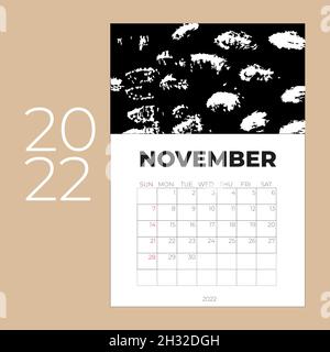 Calendar for November 2022. Flat style. Week starts on Sunday. Vector Stock Vector