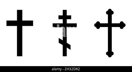 Christian cross icon. Set of different religious crosses on white background. Black church symbols. Vector illustration. Stock Vector