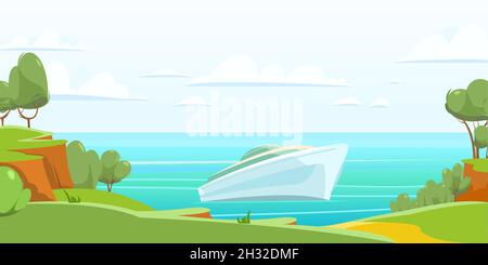 Ocean yacht. A modern multi tiered luxury vessel. Calm blue sea. Large passenger ship. Flat style. Coastal hill with meadow and road. Vector. Stock Vector