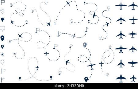 Aircraft routes. Aviation dotted journey, plane flight lines. Airplane silhouettes, line paths and destination points. Flying ways recent vector set Stock Vector