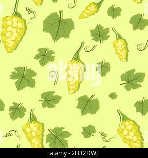 Bunches of grapes. Branches with berries on a dense bush. Young vineyard. Sweet autumn harvest. Seamless pattern. Vector. Stock Vector