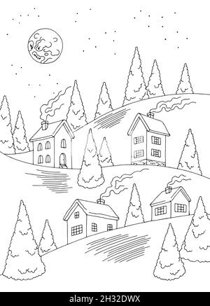 Winter village exterior graphic black white fir tree vertical landscape sketch illustration vector Stock Vector