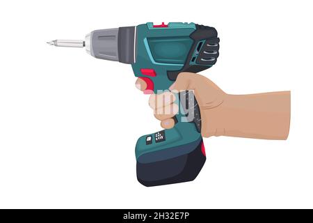 Drill in the hand isolated on white background. Cordless drill in arm. Hand holding construction tool. Building, repair, housework concept. Vector Stock Vector