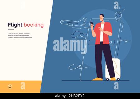 Vector illustration on the subject of traveling, searching and purchasing of plane tickets, online flight booking via smartphone. Editable stroke Stock Vector