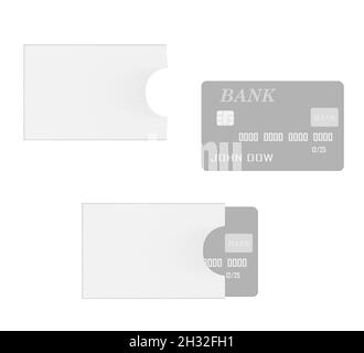 Bank chip credit card with card sleeve holder isolated on white background. Vector template Stock Vector