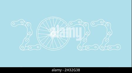 2022 Bicycle Happy New Year vector card illustration on baby blue background Stock Vector