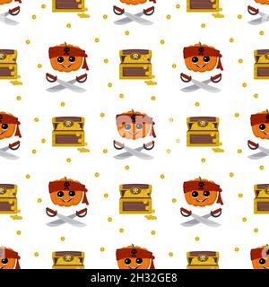 Seamless pattern with pumpkin character with emotions and face in pirate bandana, crossed sabers and with treasure chest and gold coins. Print to decorate Halloween party, birthday or holiday Stock Vector