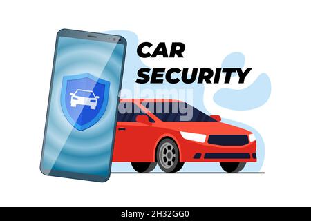 Car security system mobile app. Auto alarm application banner concept. Automobile guard against theft. Vehicle protect online service. Icon shield on smartphone screen. Transport secure vector sign Stock Vector