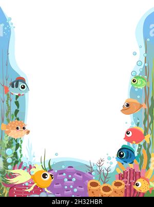 The bottom of reservoir with fish. Blue water. Sea ocean. Underwater landscape with animals, plants, algae and corals. Frame. Illustration in cartoon Stock Vector
