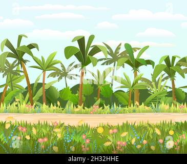 Rainforest background. Jungle trees. Cartoon fun style. Sky with clouds. Road through the blooming meadow. Seamless landscape with palm tree vector. Stock Vector