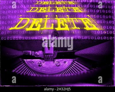Delete Delete Delete, Mechanical Typewriter, Binary code background, Purple tone, Vintage distorted look, Ransom note typography, Retrofuturism Stock Photo