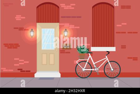 Residential building with a door, a front entrance with a threshold and steps Stock Vector