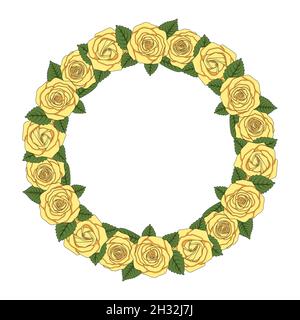 Colored illustration of a round wreath of yellow roses. Isolated vector object on white background. Stock Vector