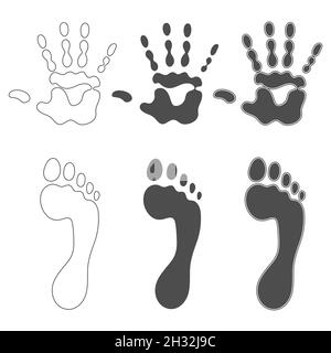 Set of black and white illustrations with prints of hands and feet. Isolated vector objects on white background. Stock Vector