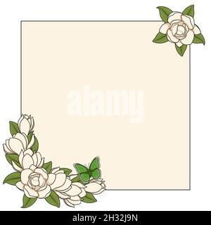 Frame with magnolia flowers and a butterfly. Isolated vector objects on a white background. Stock Vector