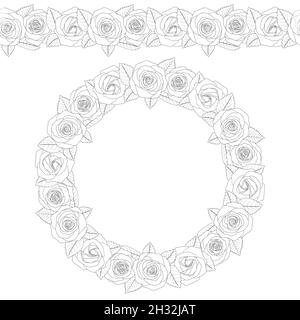 Black and white illustration of a round wreath and seamless pattern of roses. Isolated vector object on white background. Stock Vector