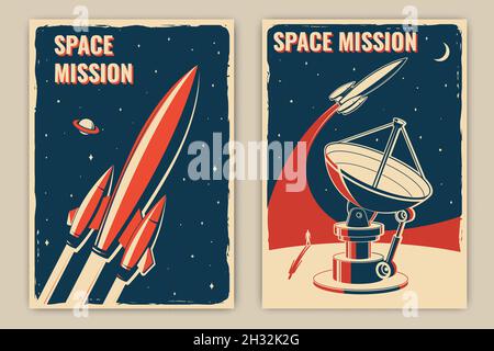 Space mission posters, banners, flyers. Vector. Concept for shirt, print, stamp, overlay or template. Vintage typography design with space rocket Stock Vector