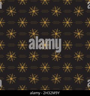 Seamless pattern with gold snowflakes and dots on black background. Festive winter traditional decoration for New Year, Christmas, holidays and design. Ornament of simple line Stock Vector