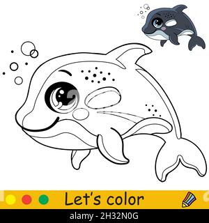 Cartoon orca. Coloring book for preschool kids with easy educational gaming level. Freehand sketch drawing. Vector illustration. For print, game, educ Stock Vector