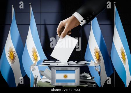 Argentina flags, hand dropping ballot card into a box - voting, election concept - 3D illustration Stock Photo