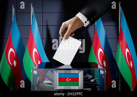 Azerbaijan flags, hand dropping ballot card into a box - voting, election concept - 3D illustration Stock Photo