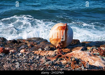 Big rusty white round buoy and chain on the shore with sea background. Stock Photo