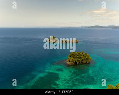 Aerial view of  Canales de Afuera island, A place for snorkeling, scuba diving, kayaking, swimming, Coiba  National Park, Panama, Central America Stock Photo