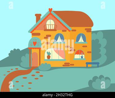 Rustic two-storey house. Architectural summer landscape. House of grandparents. Postcard design. Illustration. Stock Vector
