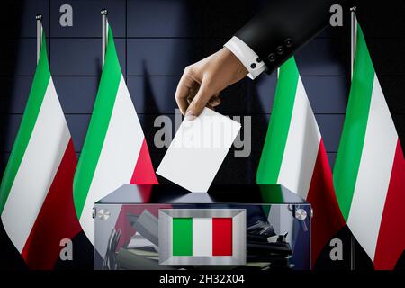Italy flags, hand dropping ballot card into a box - voting, election concept - 3D illustration Stock Photo