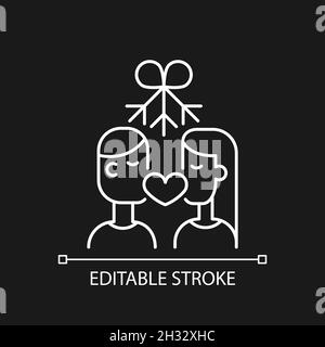 Couple kissing under mistletoe white linear icon for dark theme Stock Vector