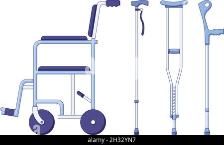 Crutches and wheel chair icon set. Vector illustration of pair metal crutches and medical walking sticks for rehabilitation of broken leg in a flat Stock Vector