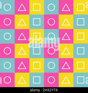 Seamless geometry pattern. Circle, triangle, square tile on pink teal yellow background. EPS 10 Stock Vector
