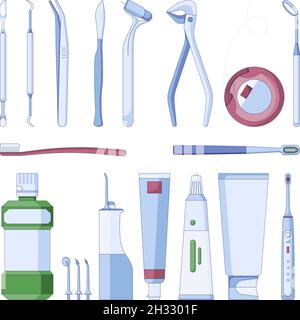 Dental tools and instruments icons set. Stomatology supplies vector icon in a flat style isolated on a white background. Stock Vector