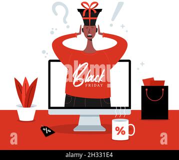 What gift to choose black friday concept. Shocked man chooses gifts on computer screen. Flat cartoon Vector stock illustration. Stock Vector