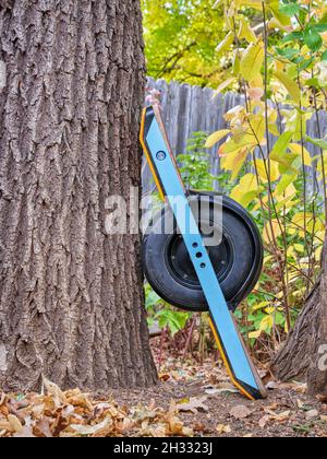 one-wheeled electric skateboard in a backyard or park in fall scenery Stock Photo