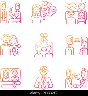 Romantic relationship gradient linear vector icons set Stock Vector