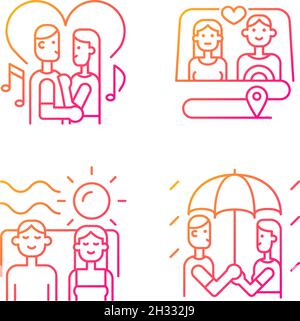 Couple quality time gradient linear vector icons set Stock Vector
