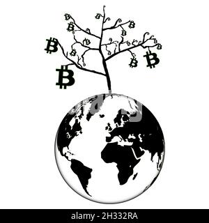 Bitcoin growth concept in world with planet Earth and tree with bitcoins isolated on white. Black and white silhouette. Vector illustration. Stock Vector