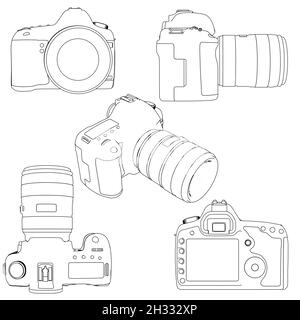Set with contours of a digital camera with a lens from black lines isolated on a white background. Side view, isometric, front, top, back. Vector Stock Vector