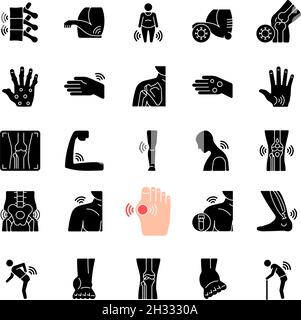 Joints pain black glyph icons set on white space Stock Vector