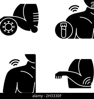 Shoulder and elbow pain black glyph icons set on white space Stock Vector