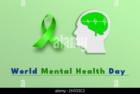 Green ribbon with human brain. Mental world awareness day concept, 3D ...