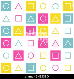 Matching pairs geometry game memory training. Circle, triangle, square tile on pink teal yellow white background. EPS 10 Stock Vector