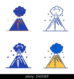 Volcano eruption icon set in flat and line style. Mountain symbol. Vector illustration. Stock Vector