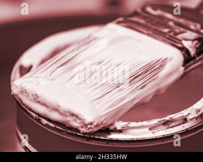 Paint brush on top of a tin of white paint in a mono red tone Stock Photo