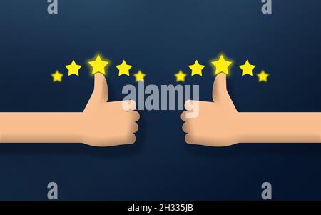 Five Star rating and Thumps up hand. happy satisfied customer concept ...