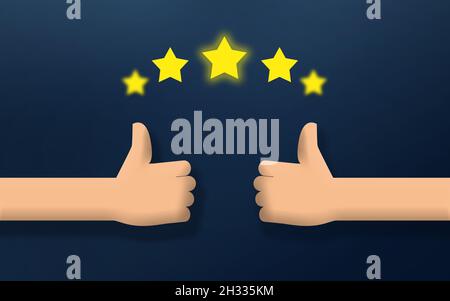Satisfied Customer and seller With thumbs up Concept. Five Stars Rating. Marketer and Client satisfaction. Excellent Service Shiny Star Stock Photo
