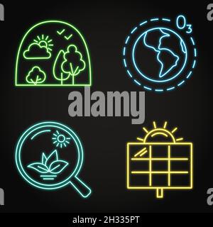 Neon ecology and climate change icon set. Ozone layer, solar panel, ecology science and ecosystem symbols. Vector illustration. Stock Vector