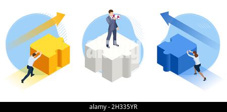 Isometric people connecting puzzle elements concept. Teamwork Support. Cooperation. Business interaction, colleagues cooperating at work Stock Vector
