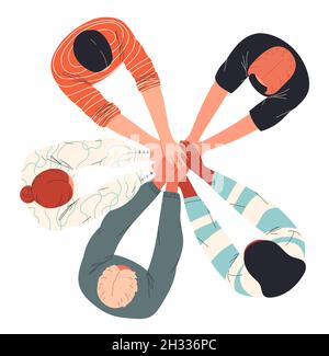 People putting their hands on top of each other symbolizing unity and teamwork. Stock Vector